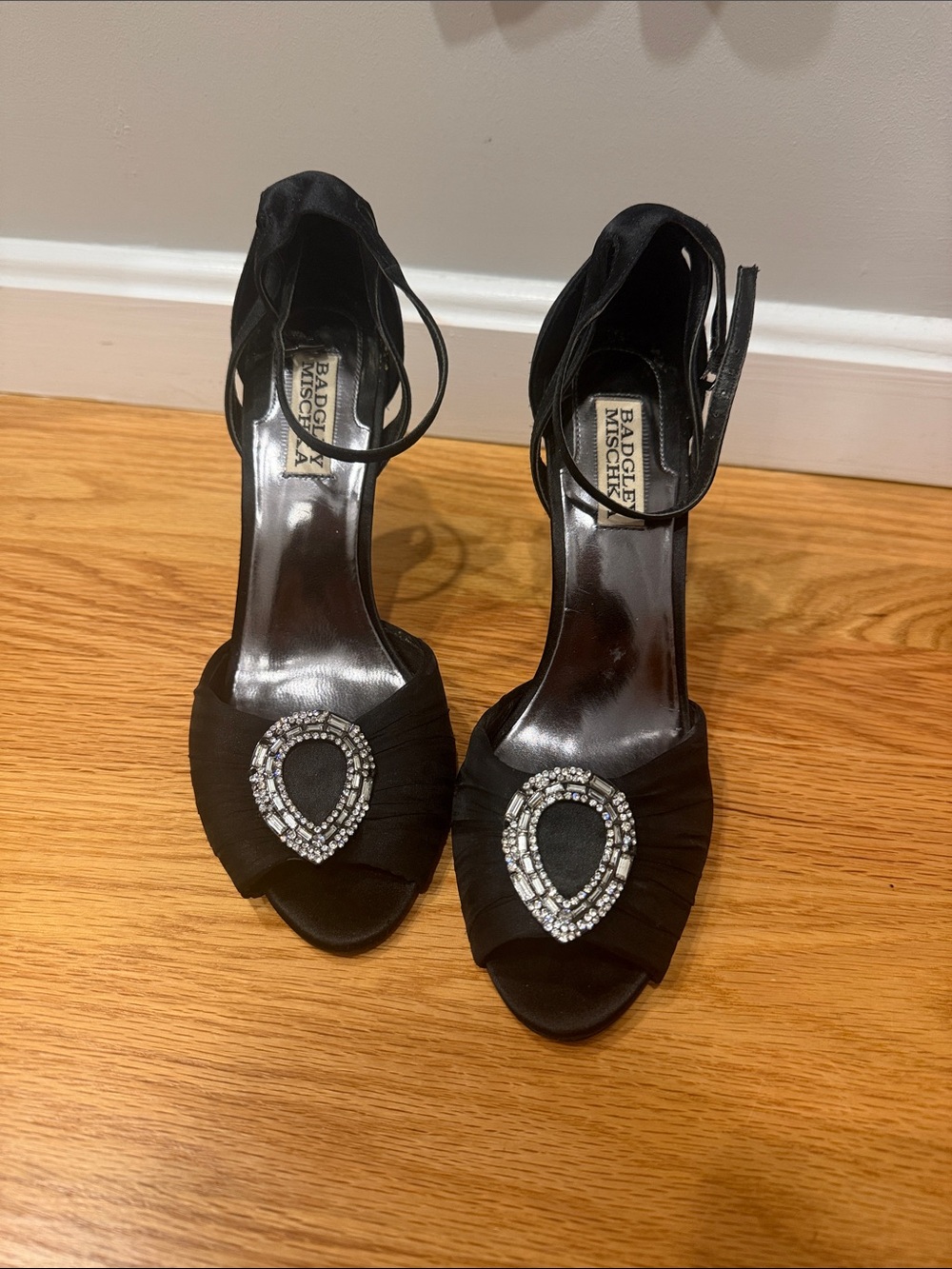 Badgley Mischka Black Satin Ankle-Strap Heels with Crystal Teardrop Buckle